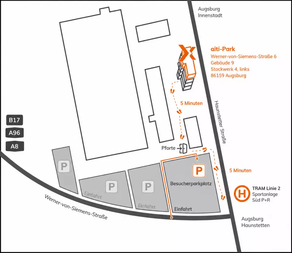 Anfahrtsskizze zum DEXEVO-Büro im aiti-Park Augsburg mit Besucherparkplatz, Pforte und Haltestelle Sportanlage Süd P+R