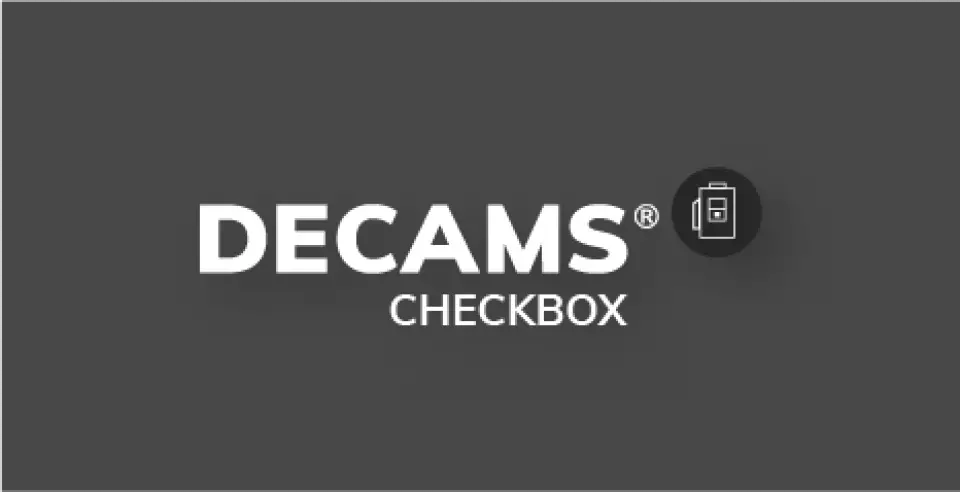 DECAMS CHECKBOX Graues Rechteck mit dem DECAMS CHECKBOX Logo