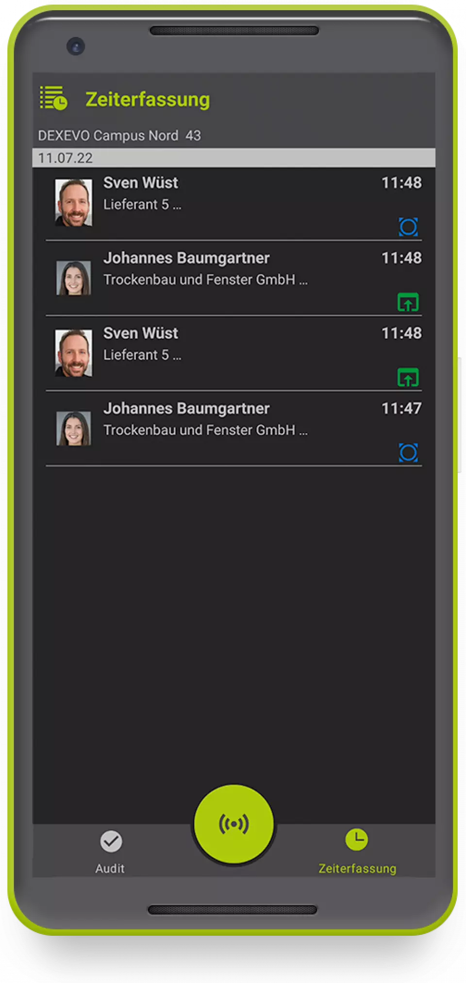DECAMS Checkapp Zeiterfassung Übersicht Übersichtsseite der Zeiterfassungsfunktion innerhalb der Checkapp