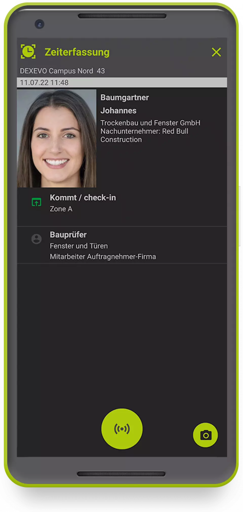DECAMS Checkapp Zeiterfassung Detailansicht Detailansicht der Zeiterfassungsfunktion innerhalb der Checkapp
