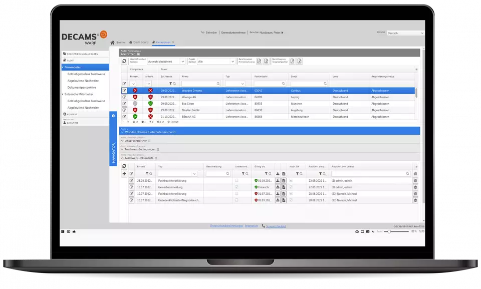 DECAMS WARP Generalunternehmer Screenshot WARP Software aus Sicht eines Generalunternehmers