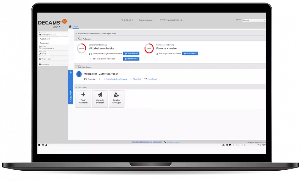 DECAMS WARP Nachunternehmer Screenshot WARP Software aus Sicht eines Nachunternehmers