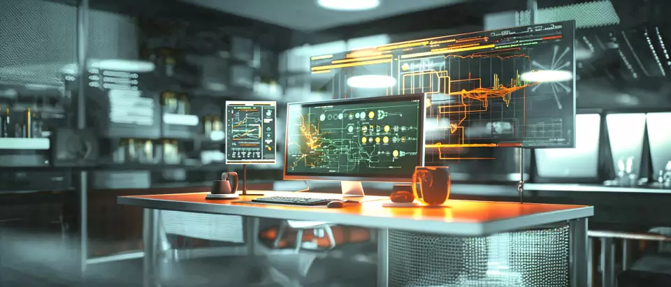 IT-Schnittstellen-Zentrale Computer auf Schreibtisch. Im Hintergrund Serverschränke.