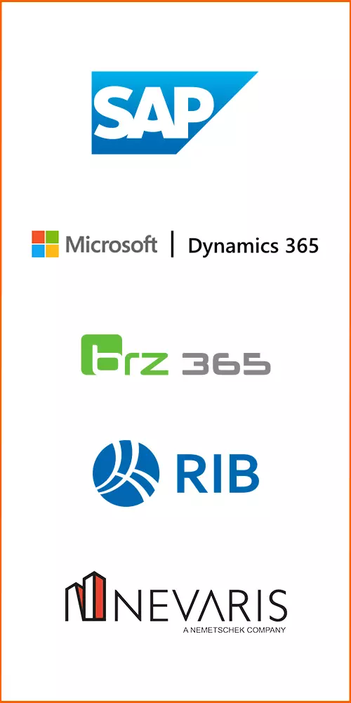 ERP-Systeme: SAP, Microsoft Dynamics 365, brz 365, RIB, Nevaris Logos der ERP-Systeme: SAP, Microsoft Dynamics 365, brz 365, RIB, Nevaris