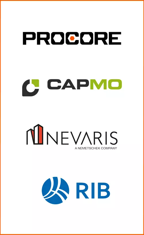 Projektmanagement-Systeme: Procore, CAPMO, NEVARIS, RIP Logos der Projektmanagement-Systeme: Procore, CAPMO, NEVARIS, RIP