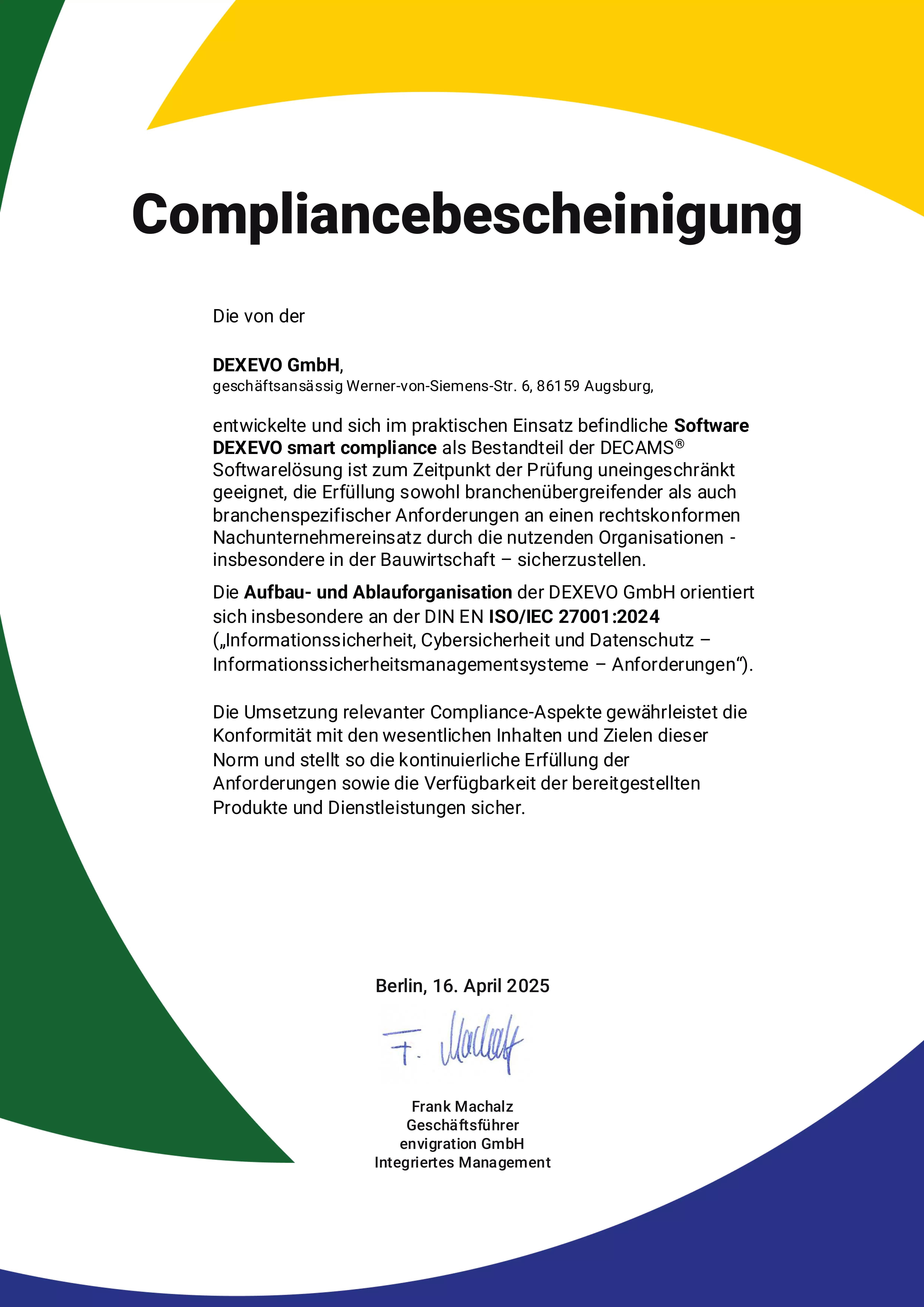 Compliancebescheinigung_2025 Vorschaubild DEXEVO Compliancebescheinigung