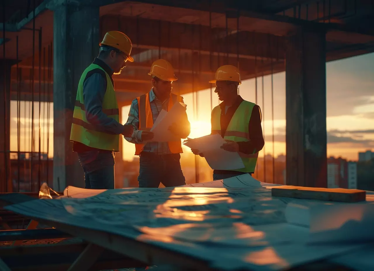 Baustellen-Besprechung mehrere Mitarbeitende besprechen sich zum Fortschritt einer Baustelle